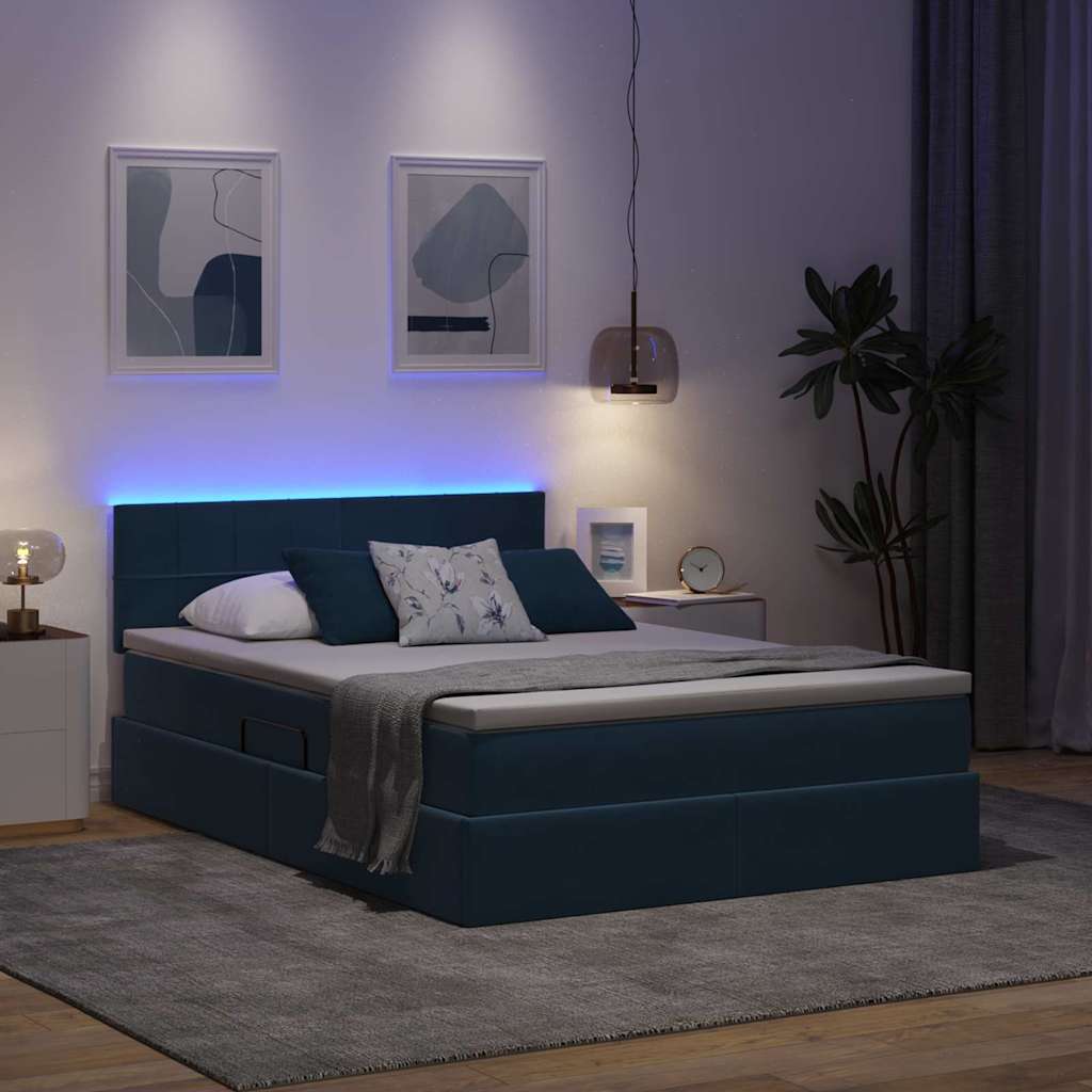 LED tárolós ágy matraccal Sötét kék 140 x 190 cm Bársony