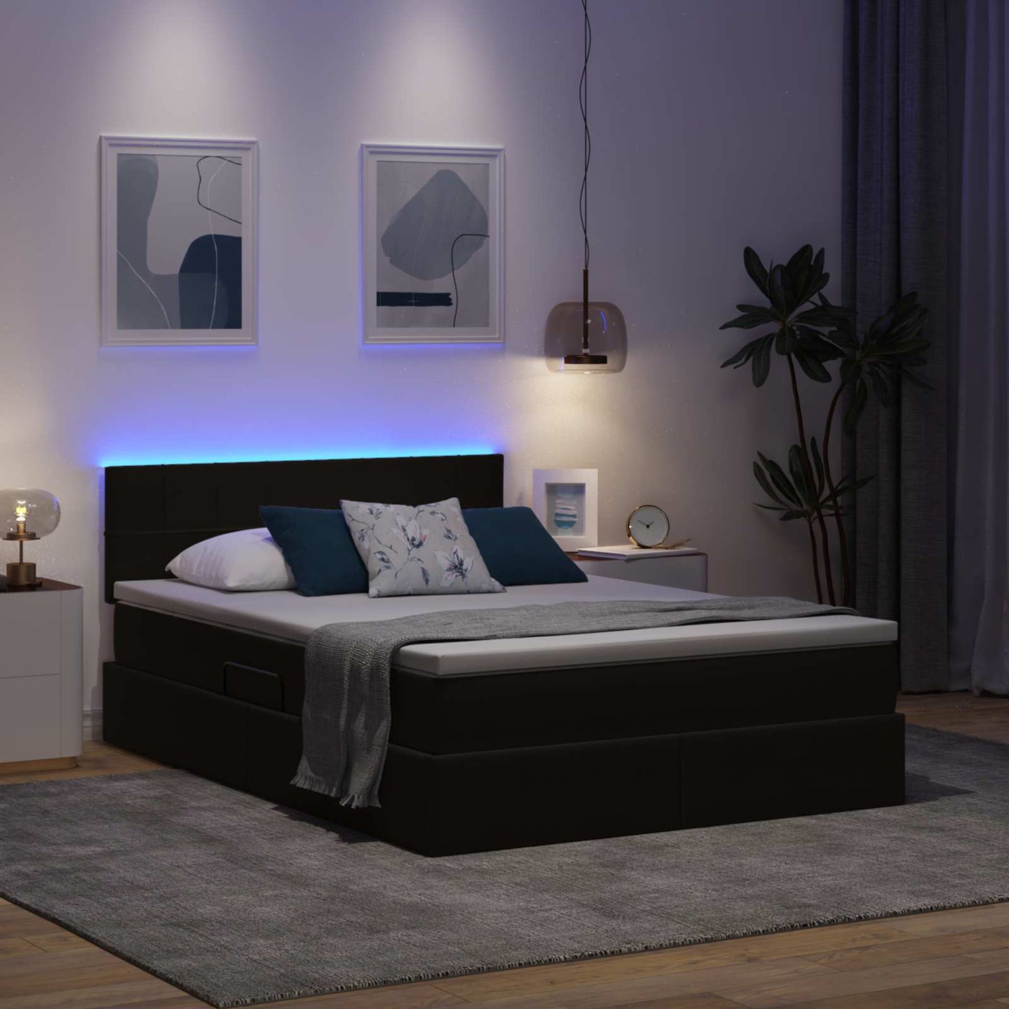 LED tárolós ágy matraccal Fekete 140 x 200 cm Bársony
