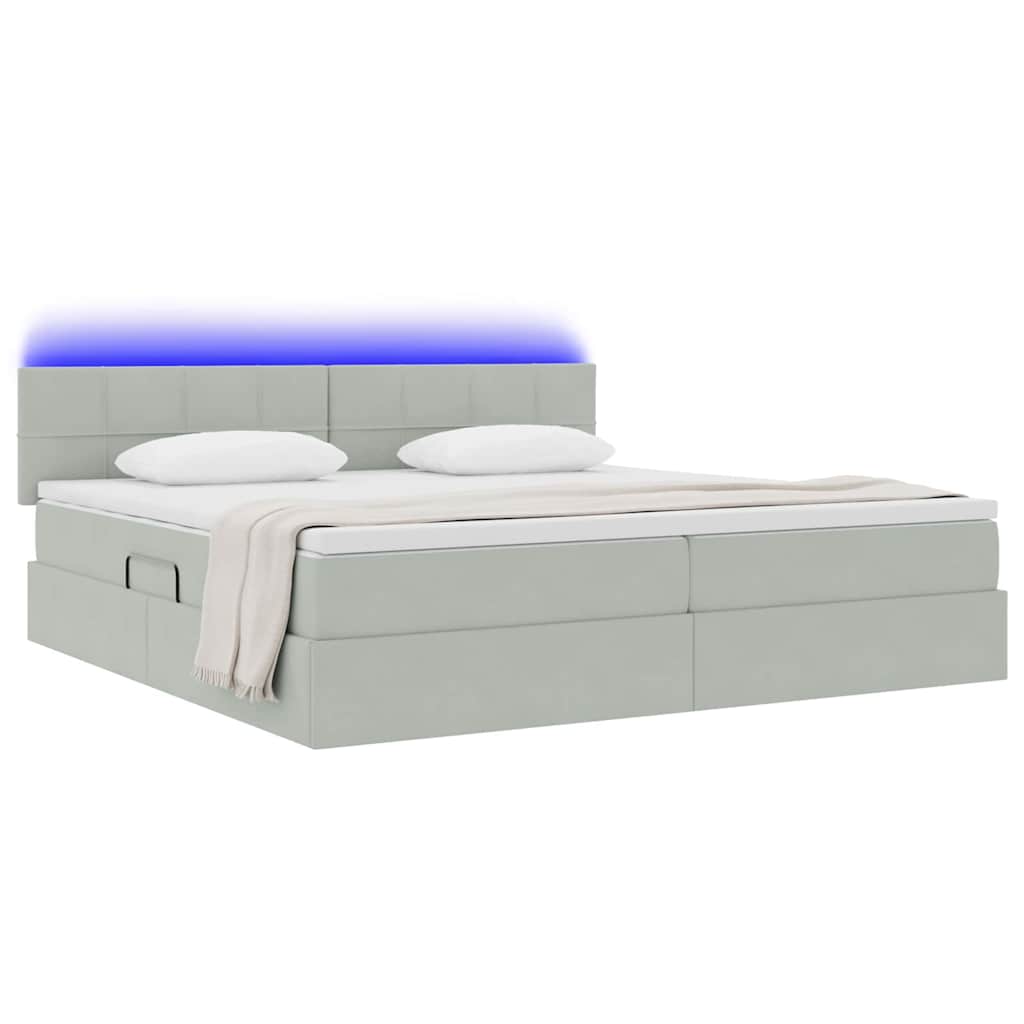 LED tárolós ágy matraccal Világosszürke 200 x 200 cm Bársony