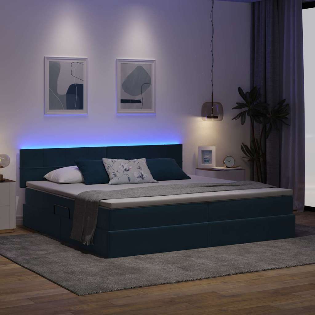 LED tárolós ágy matraccal Sötét kék 200 x 200 cm Bársony