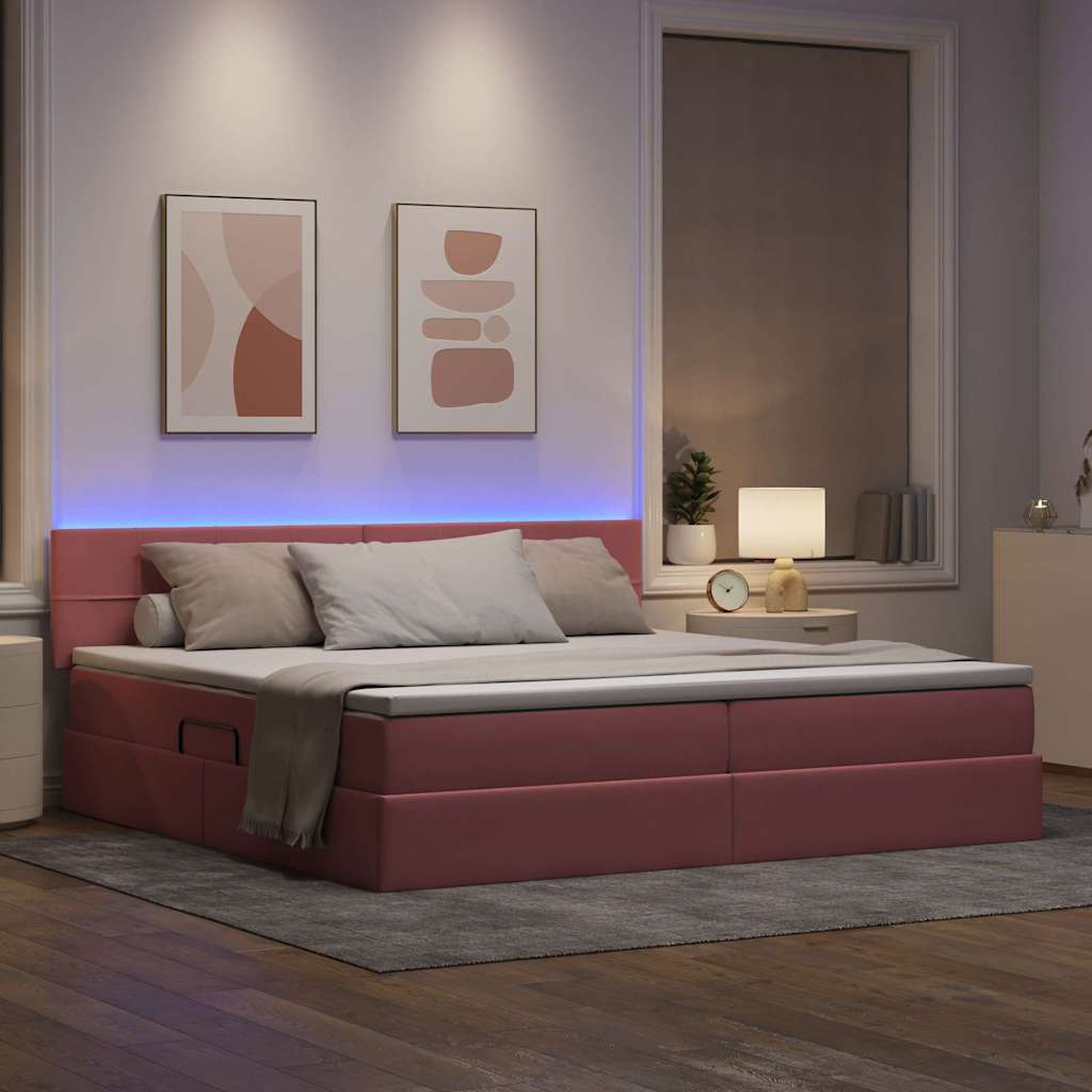 LED tárolós ágy matraccal Rózsaszín 200 x 200 cm Bársony