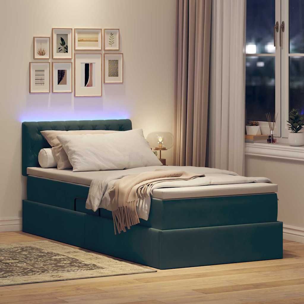 LED tárolós ágy matraccal Sötétzöld 90 x 190 cm Bársony