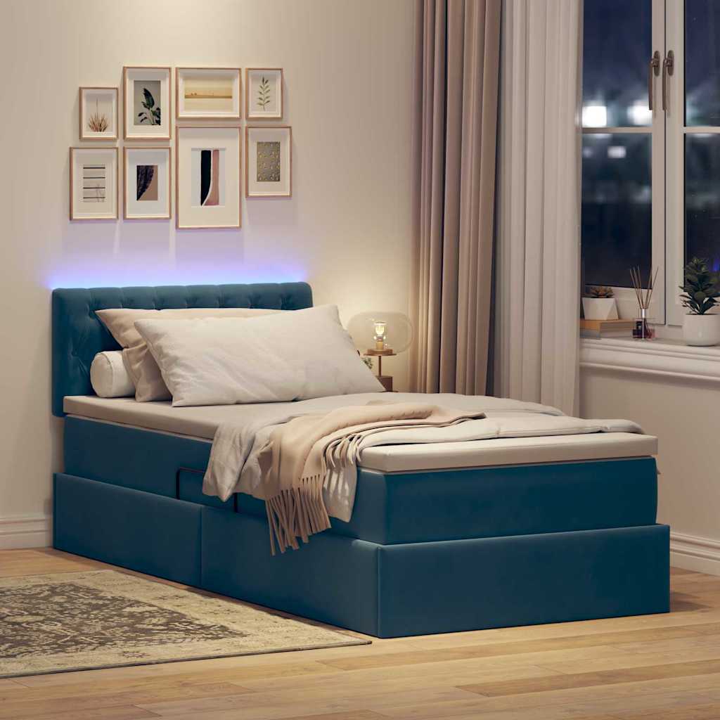 LED tárolós ágy matraccal Sötét kék 90 x 190 cm Bársony