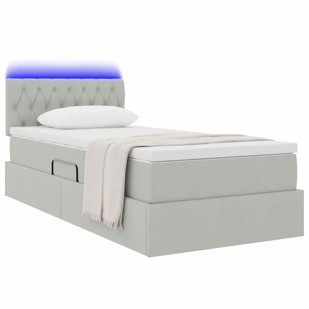 LED tárolós ágy matraccal Világosszürke 90 x 200 cm Bársony