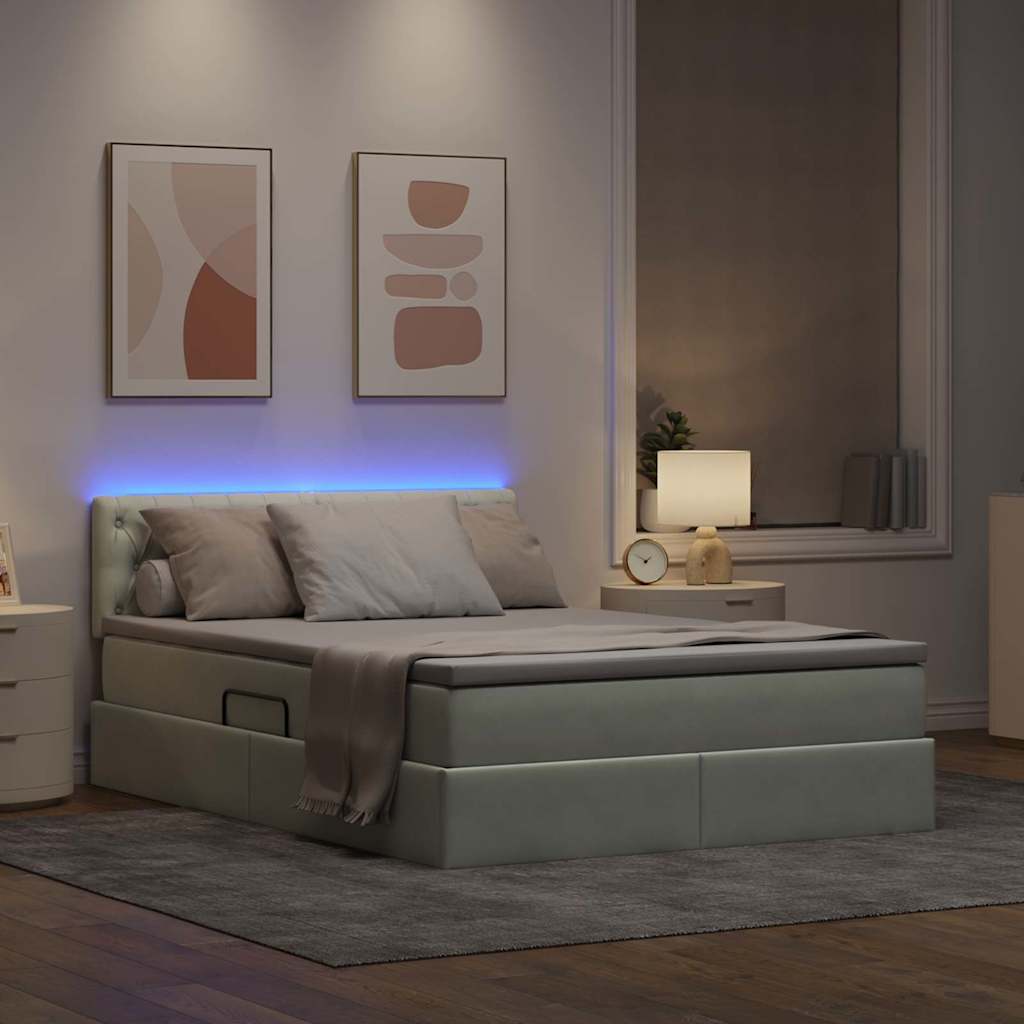 LED tárolós ágy matraccal Világosszürke 140 x 190 cm Bársony