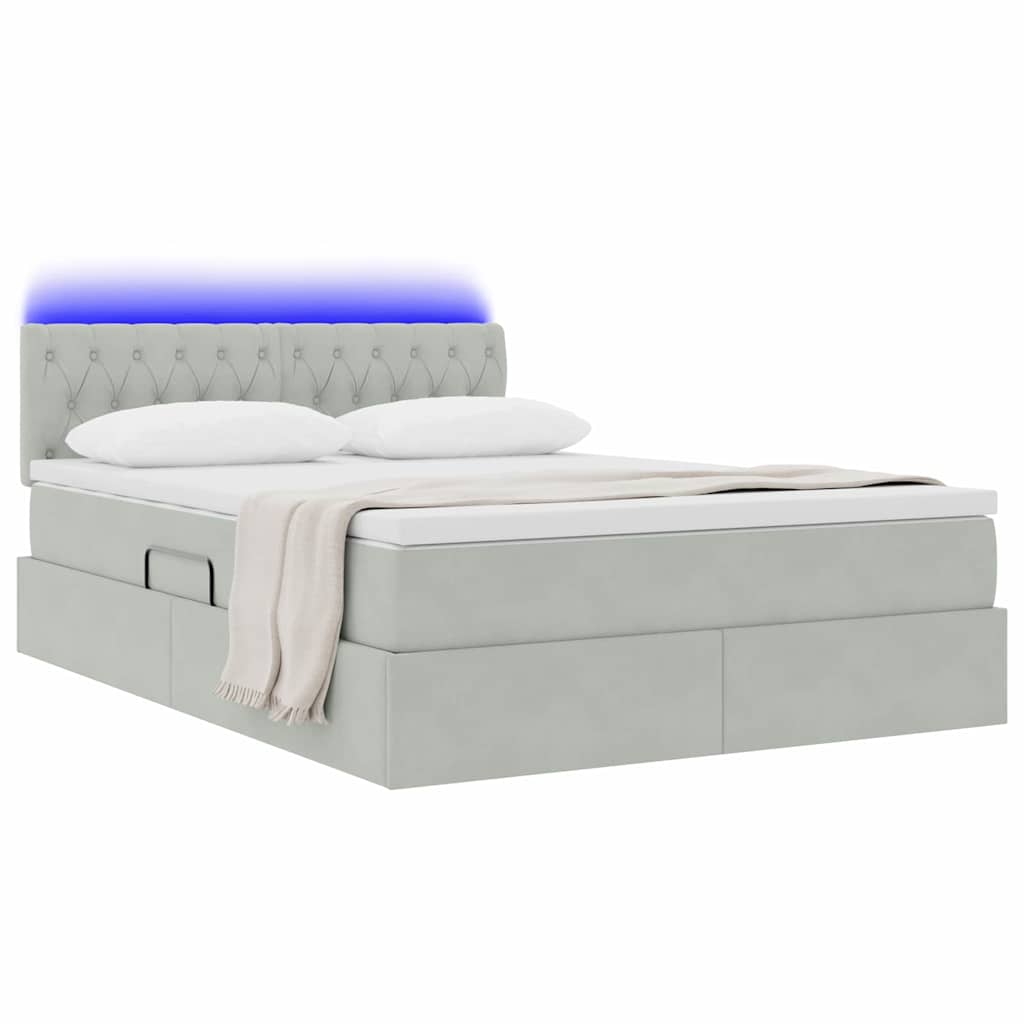 LED tárolós ágy matraccal Világosszürke 140 x 190 cm Bársony