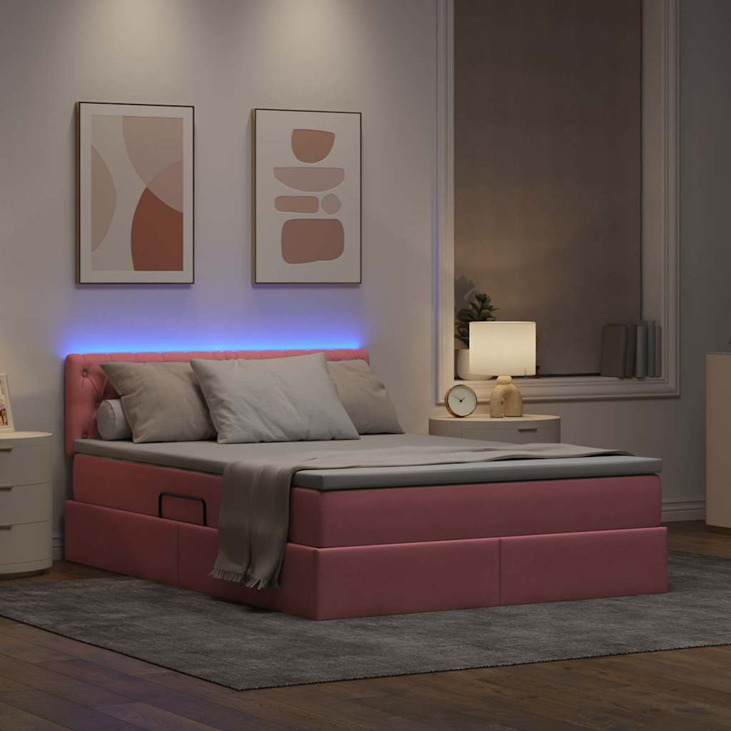 LED tárolós ágy matraccal Rózsaszín 140 x 190 cm Bársony