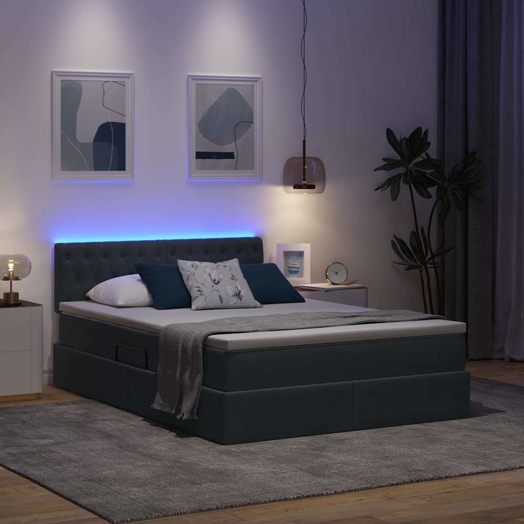 LED tárolós ágy matraccal Sötétszürke 140 x 200 cm Bársony