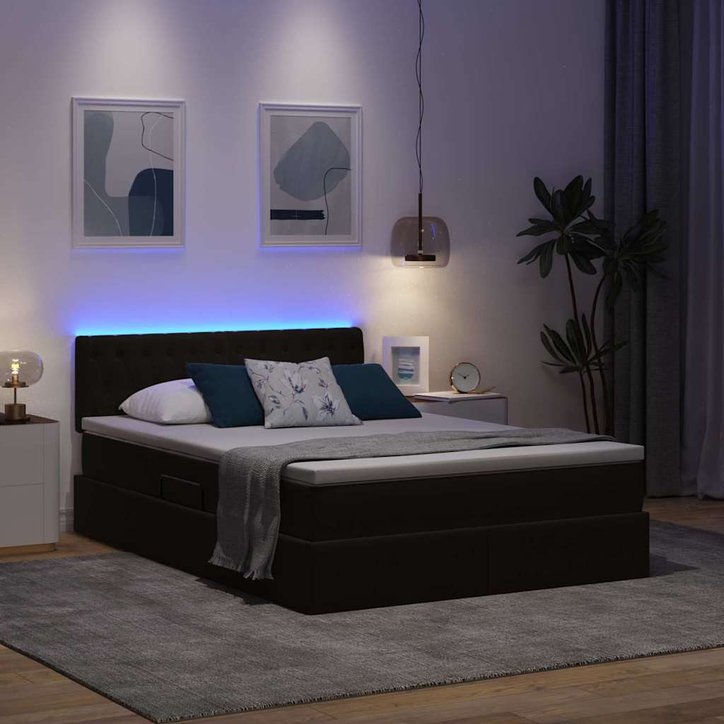 LED tárolós ágy matraccal Fekete 140 x 200 cm Bársony