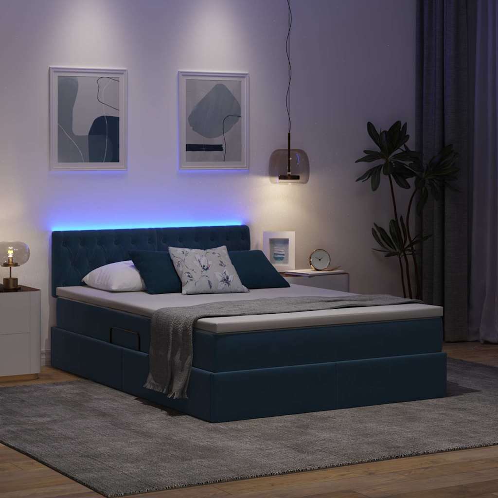 LED tárolós ágy matraccal Sötét kék 140 x 200 cm Bársony