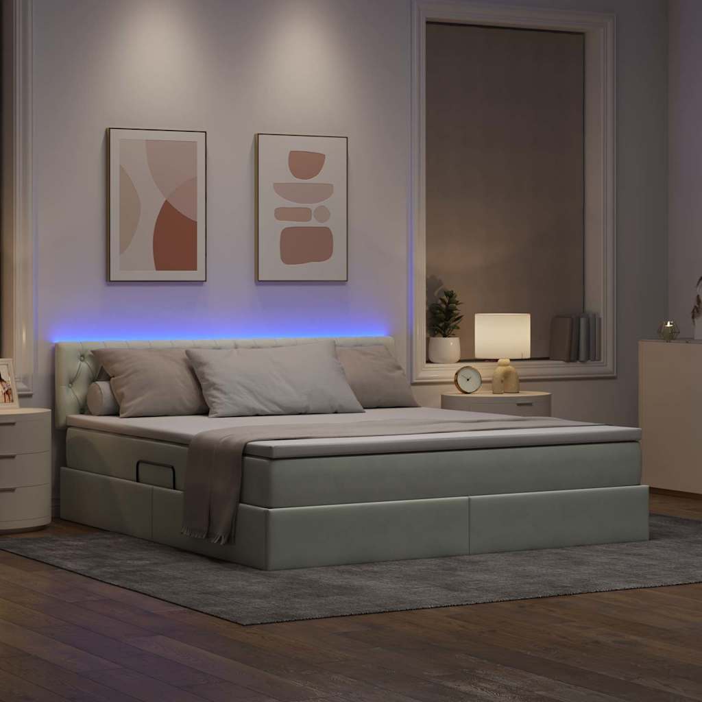 LED tárolós ágy matraccal Világosszürke 160 x 200 cm Bársony