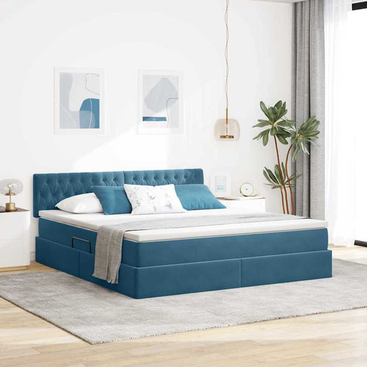 LED tárolós ágy matraccal Sötét kék 160 x 200 cm Bársony