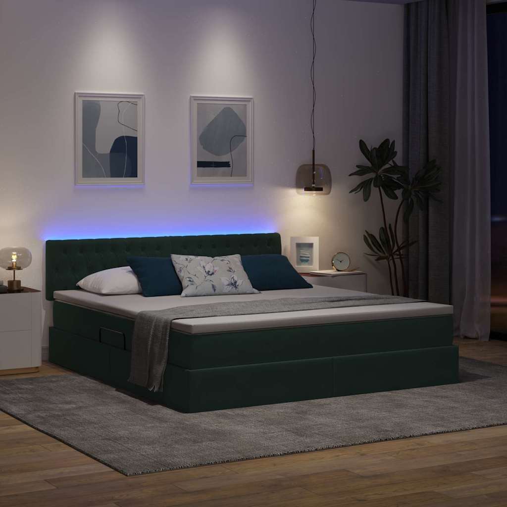 LED tárolós ágy matraccal Sötétzöld 180 x 200 cm Bársony