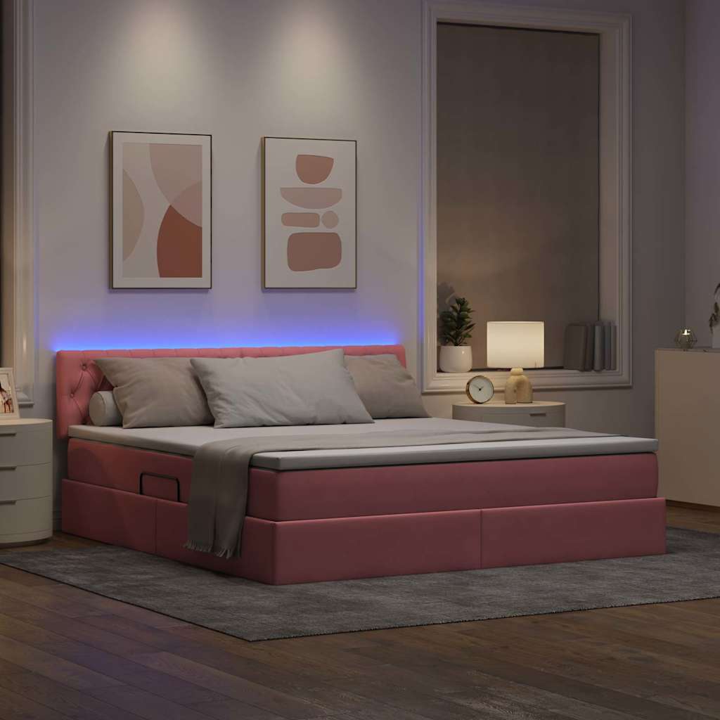 LED tárolós ágy matraccal Rózsaszín 180 x 200 cm Bársony