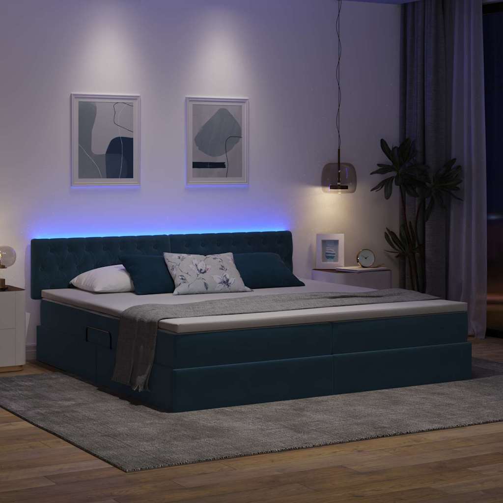 LED tárolós ágy matraccal Sötét kék 200 x 200 cm Bársony