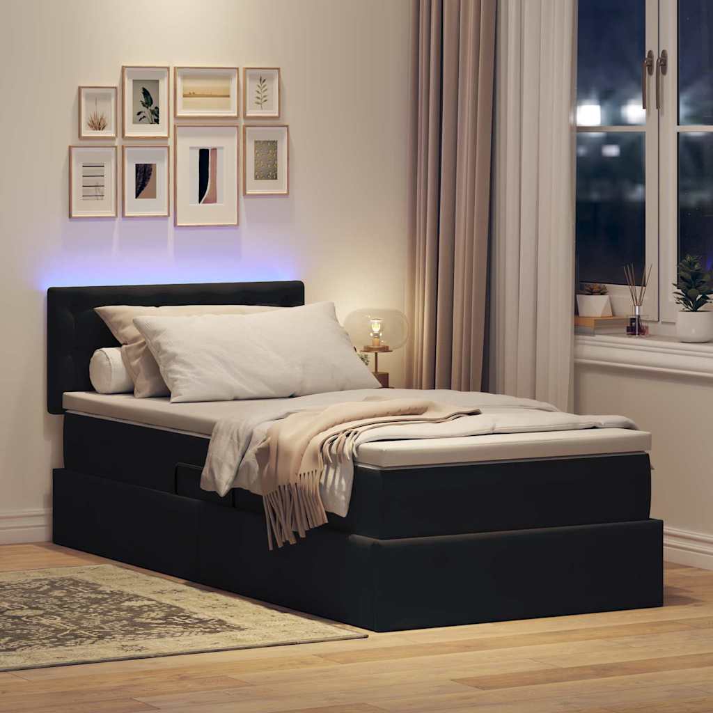 LED tárolós ágy matraccal Fekete 90 x 190 cm Bársony
