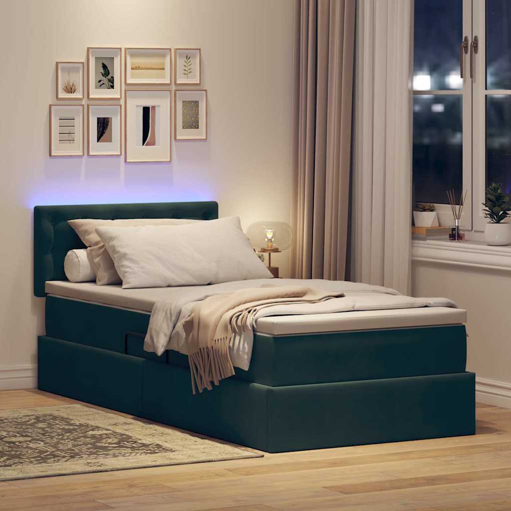 LED tárolós ágy matraccal Sötétzöld 90 x 190 cm Bársony