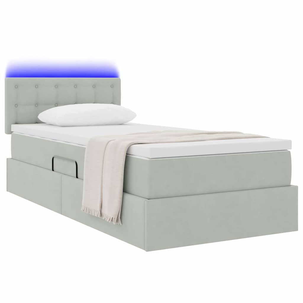 LED tárolós ágy matraccal Világosszürke 100 x 200 cm Bársony