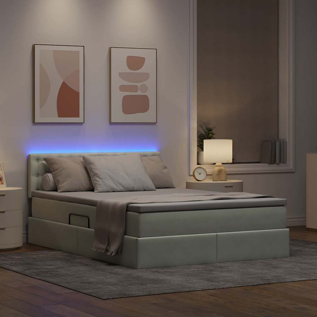 LED tárolós ágy matraccal Világosszürke 140 x 190 cm Bársony