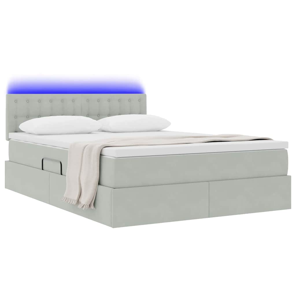 LED tárolós ágy matraccal Világosszürke 140 x 190 cm Bársony
