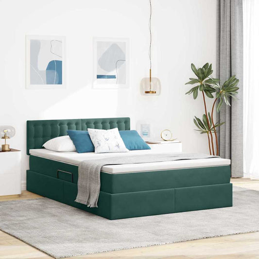LED tárolós ágy matraccal Sötétzöld 140 x 190 cm Bársony