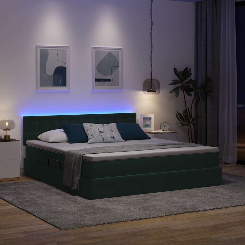 LED tárolós ágy matraccal Sötétzöld 160 x 200 cm Bársony