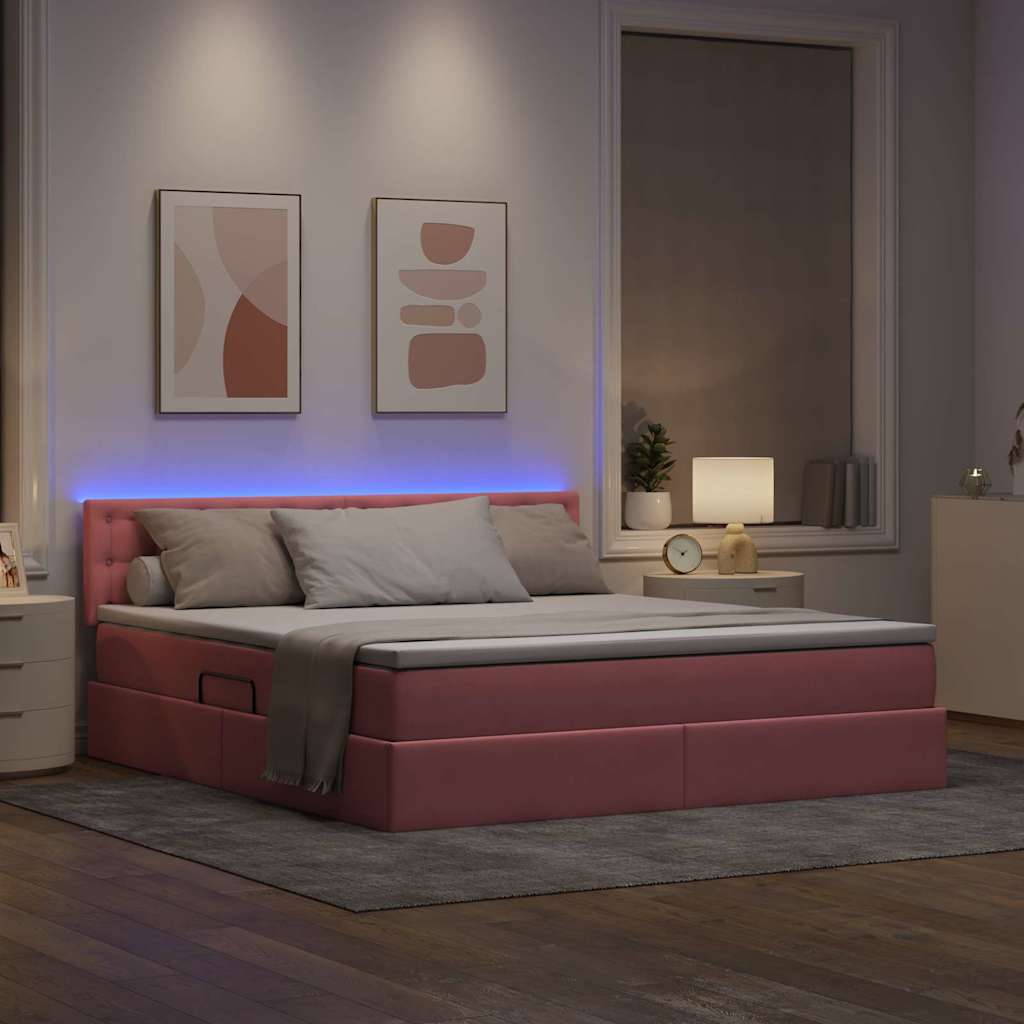 LED tárolós ágy matraccal Rózsaszín 180 x 200 cm Bársony