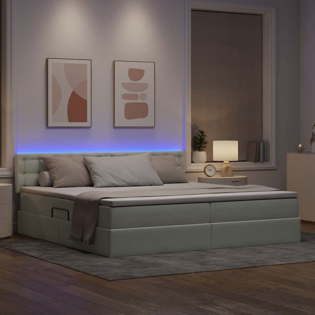 LED tárolós ágy matraccal Világosszürke 200 x 200 cm Bársony