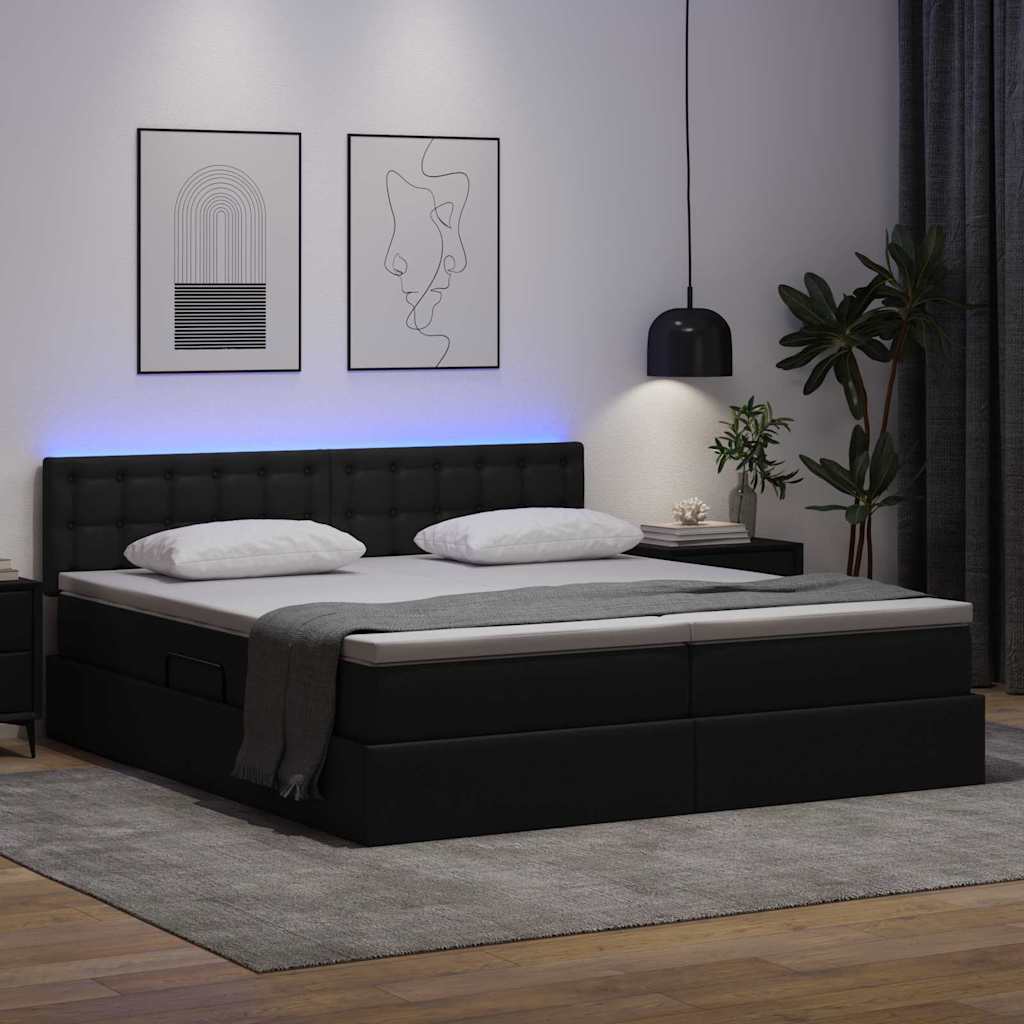 Ágy tárolóval és LED lámpával leddel Fekete 180 x 200 cm Műbőr