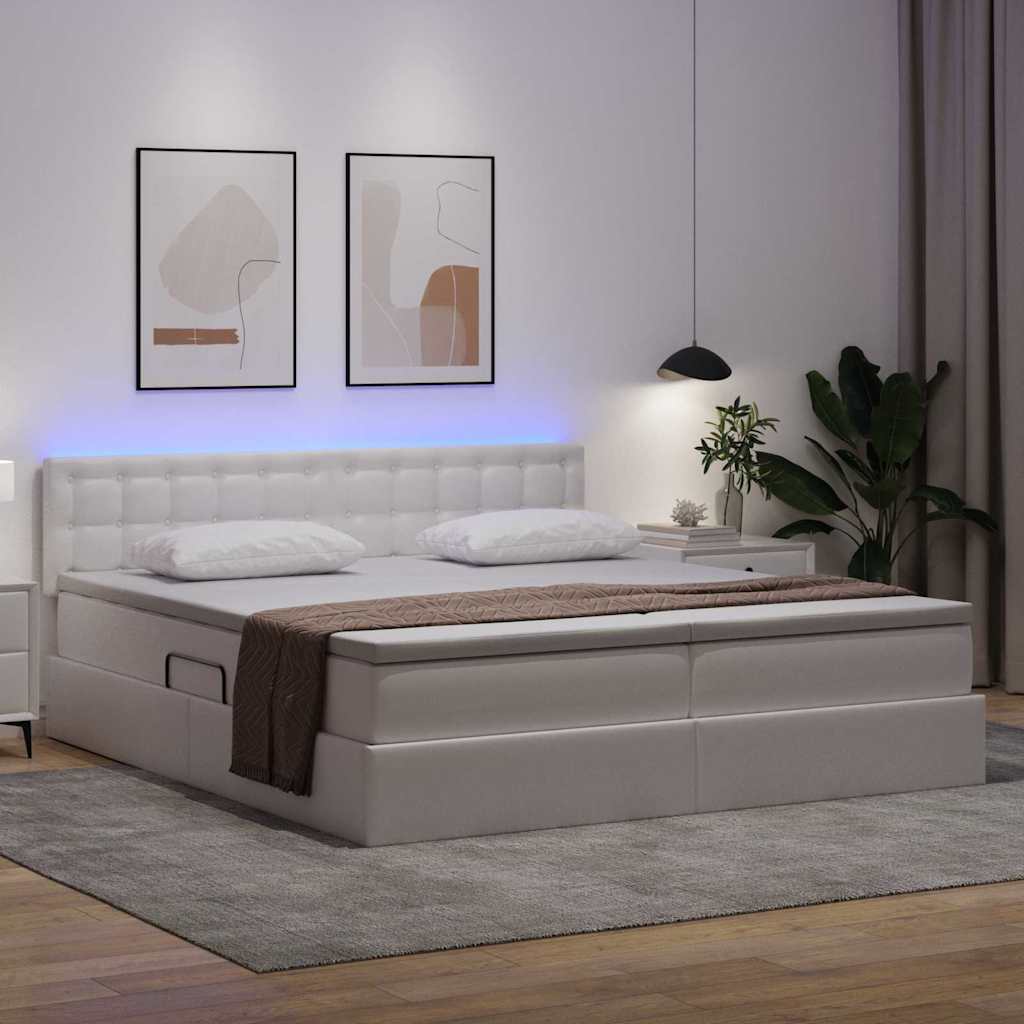Ágy tárolóval és LED lámpával Tiszta Fehér 200 x 200 cm Műbőr