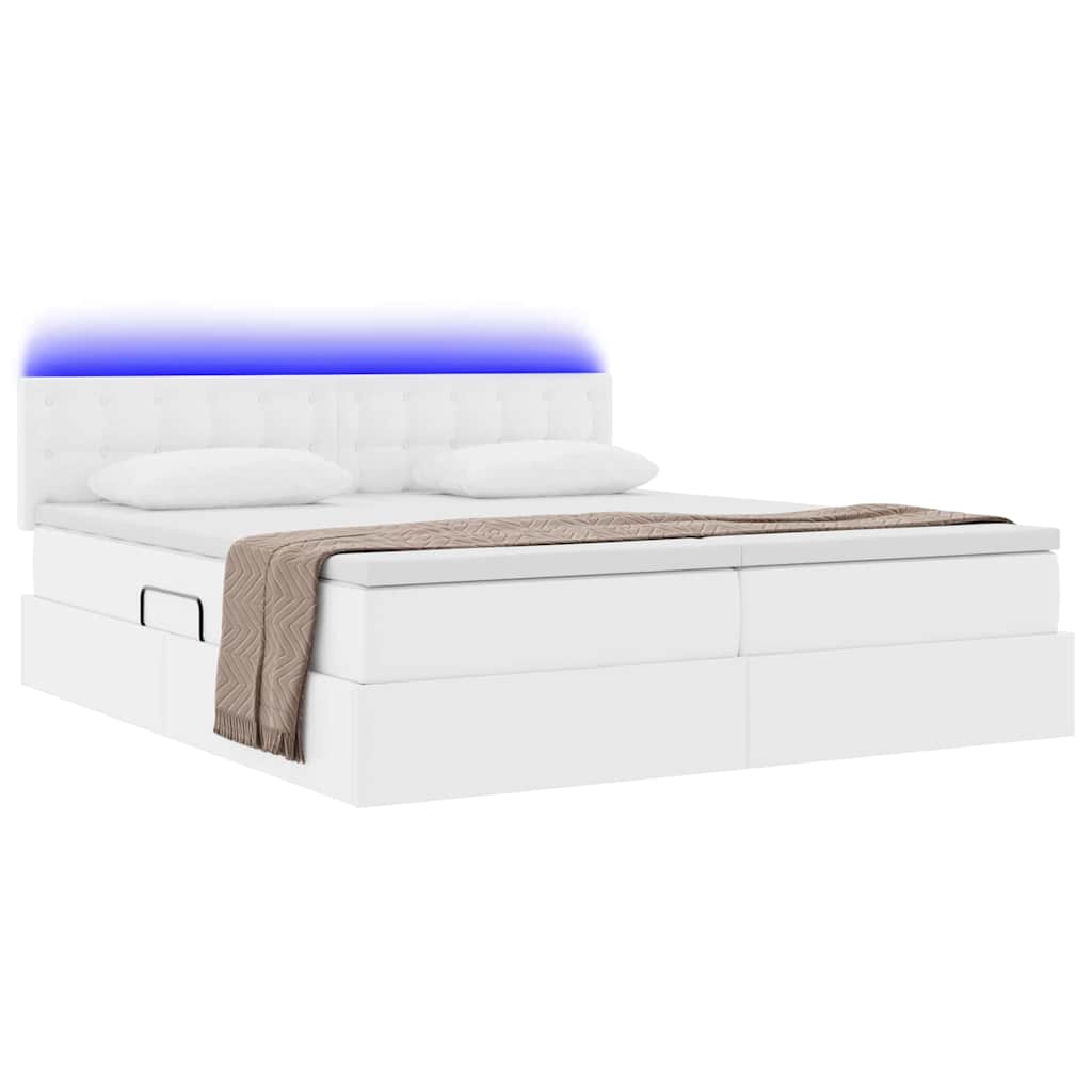 Ágy tárolóval és LED lámpával Tiszta Fehér 200 x 200 cm Műbőr