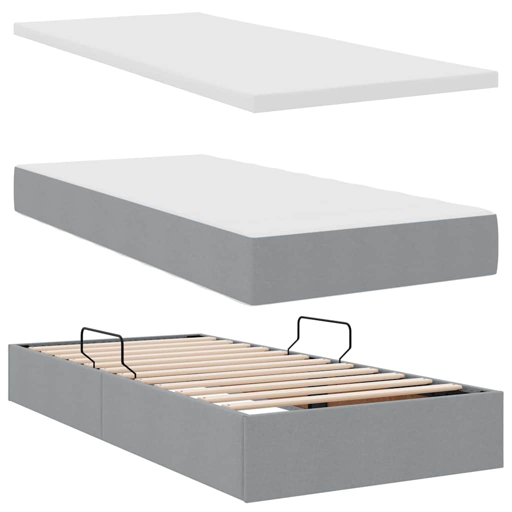 LED tárolós ágy matraccal Világosszürke 200 x 200 cm Szövet