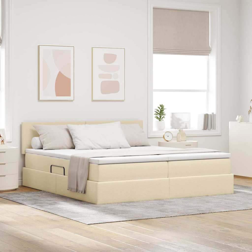 LED tárolós ágy matraccal Krém 200 x 200 cm Szövet