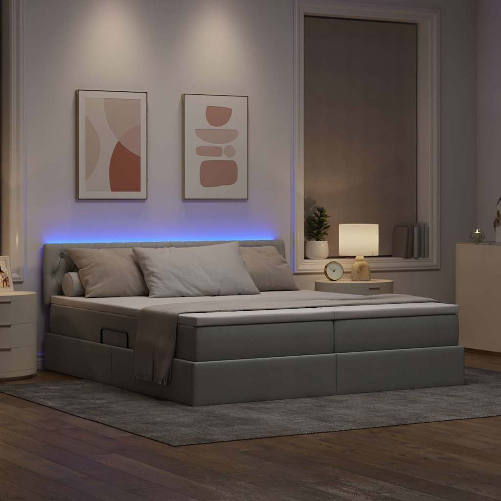 LED tárolós ágy matraccal Világosszürke 200 x 200 cm Szövet