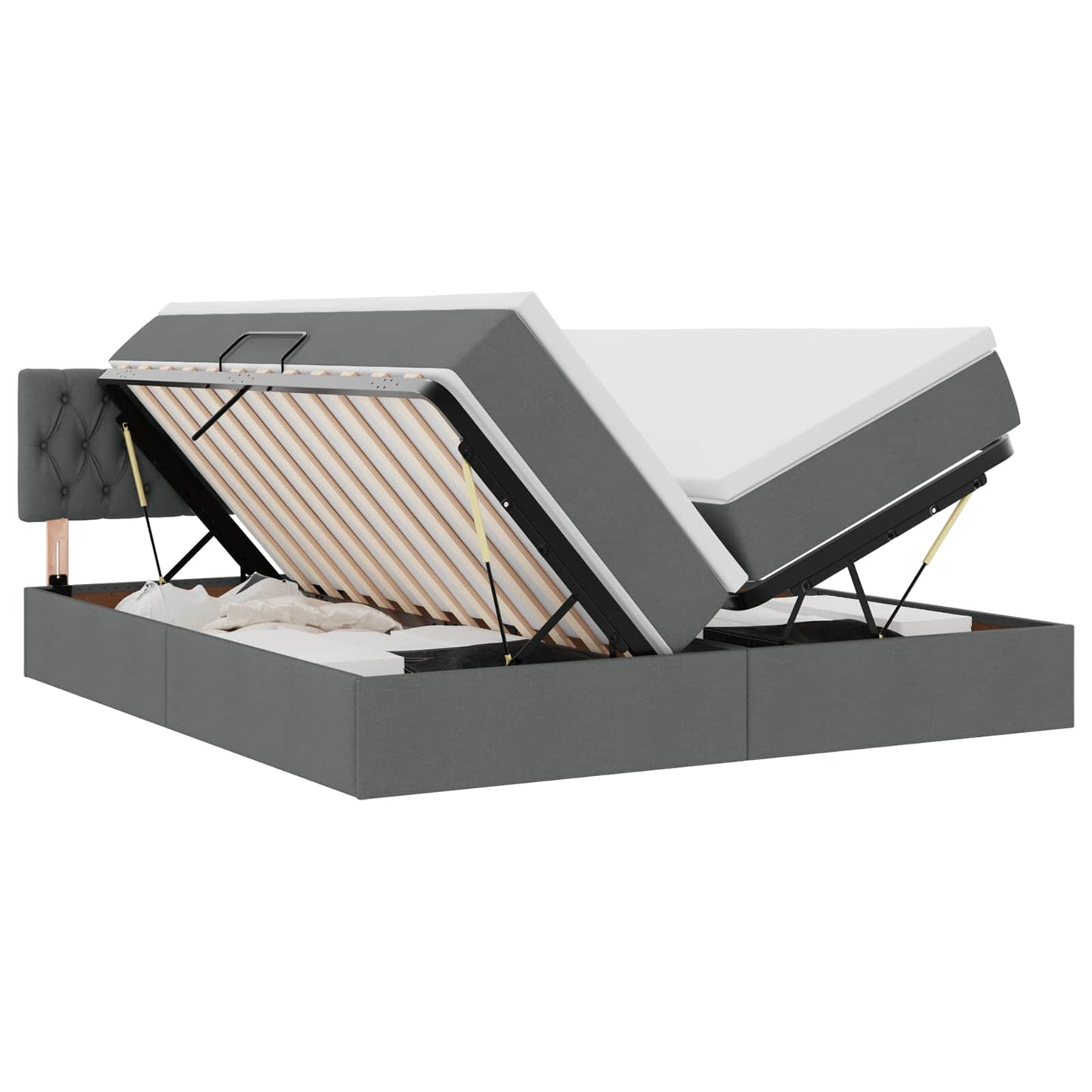 LED tárolós ágy matraccal Sötétszürke 200 x 200 cm Szövet