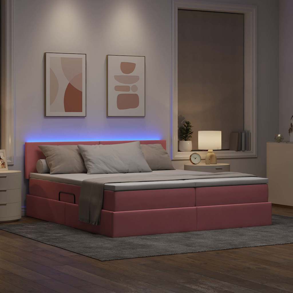 LED tárolós ágy matraccal Rózsaszín 200 x 200 cm Bársony