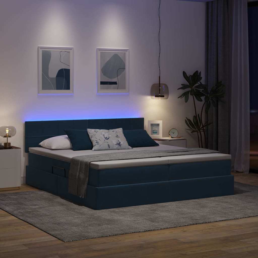 LED tárolós ágy matraccal Sötét kék 180 x 200 cm Bársony