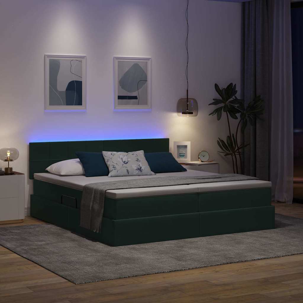 LED tárolós ágy matraccal Sötétzöld 200 x 200 cm Bársony