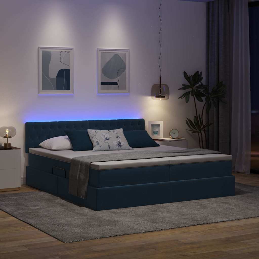 LED tárolós ágy matraccal Sötét kék 180 x 200 cm Bársony