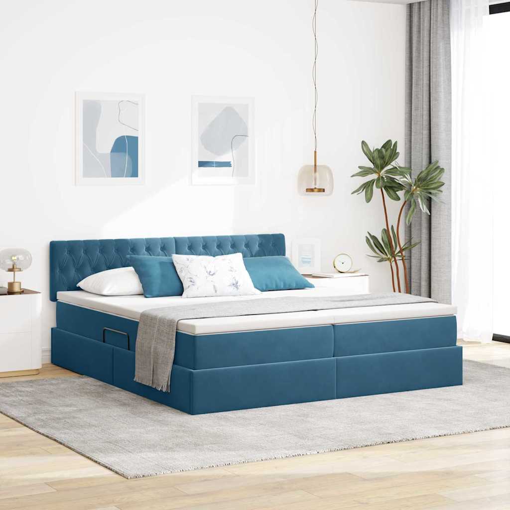 LED tárolós ágy matraccal Sötét kék 180 x 200 cm Bársony