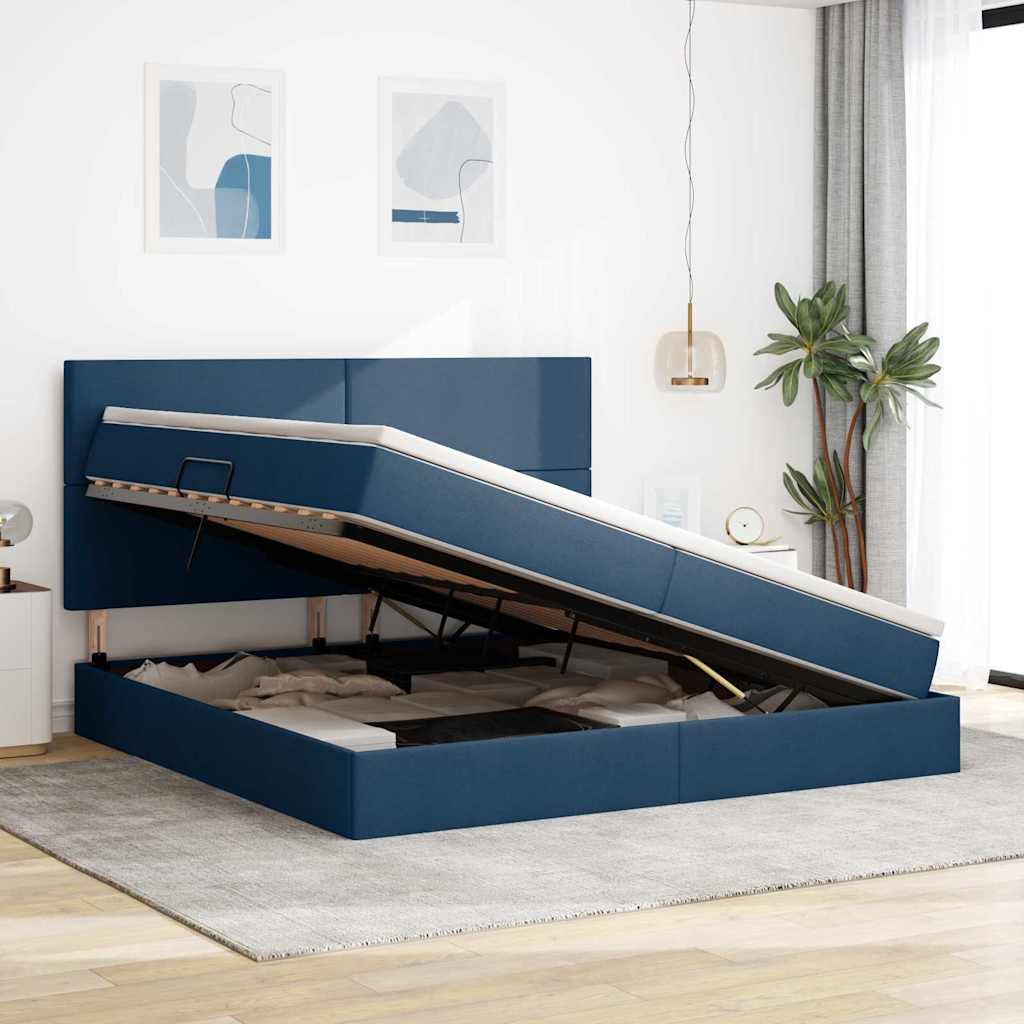 Ágy tárolóval és matraccal fejtámlával Kék 200 x 200 cm szövet