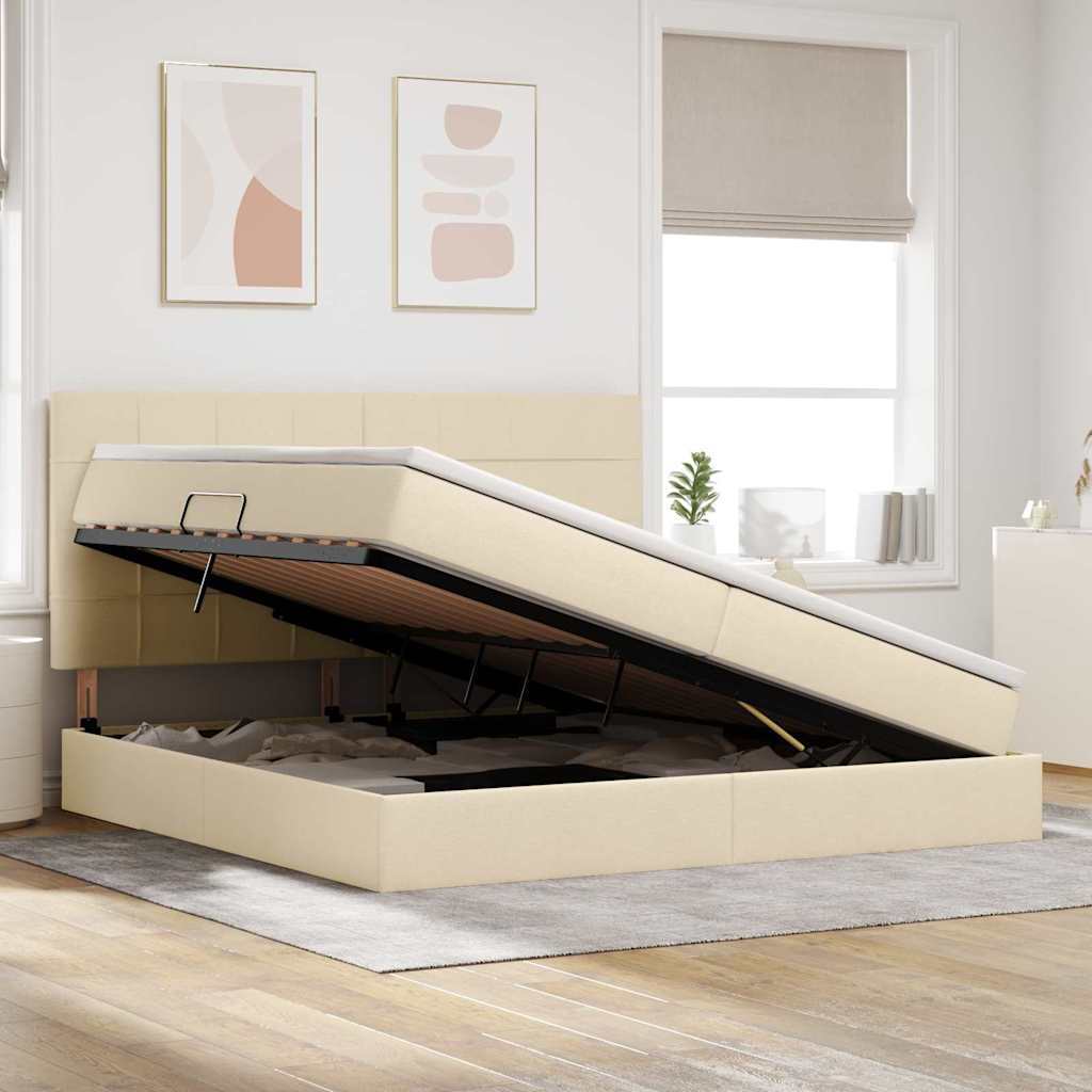 Ágy tárolóval és matraccal fejtámlával Krém 200 x 200 cm szövet
