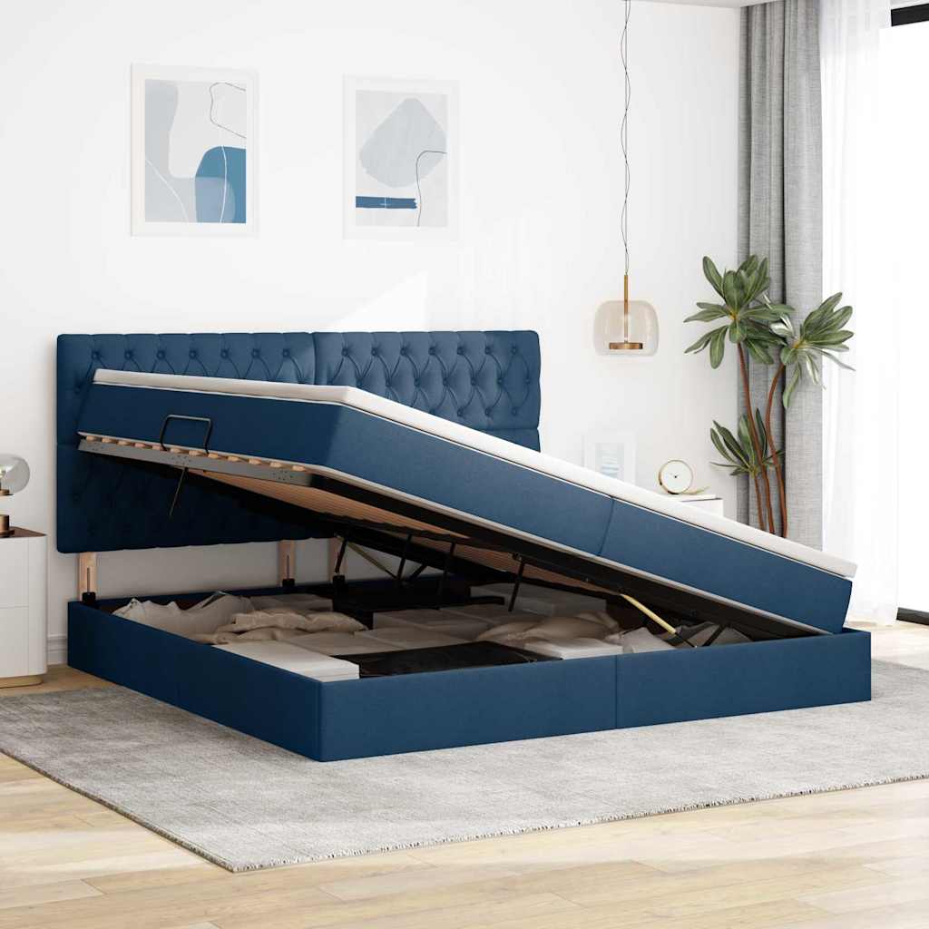 Ágy tárolóval és matraccal fejtámlával Kék 200 x 200 cm szövet