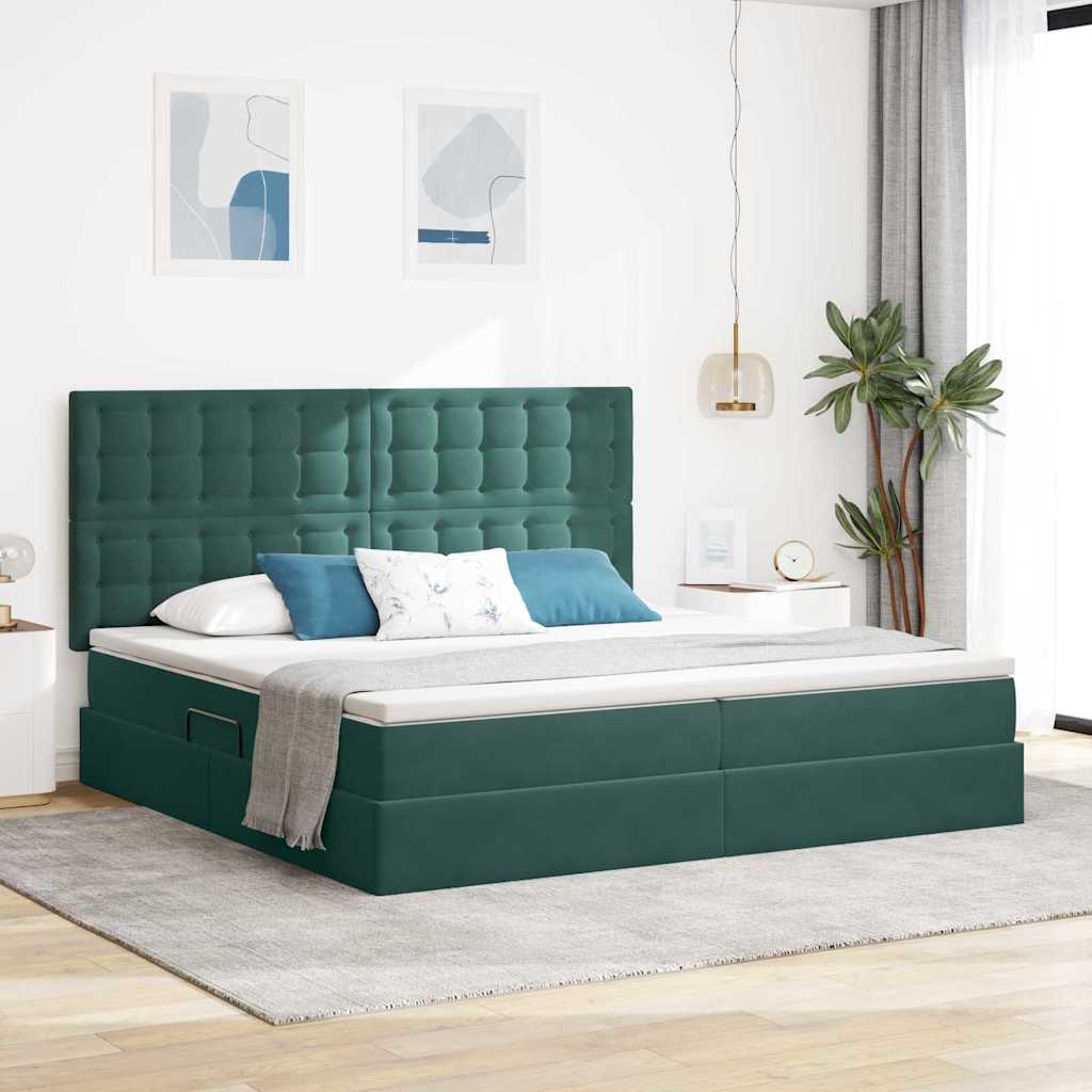 Ágy tárolóval és matraccal Sötétzöld 200 x 200 cm Bársony