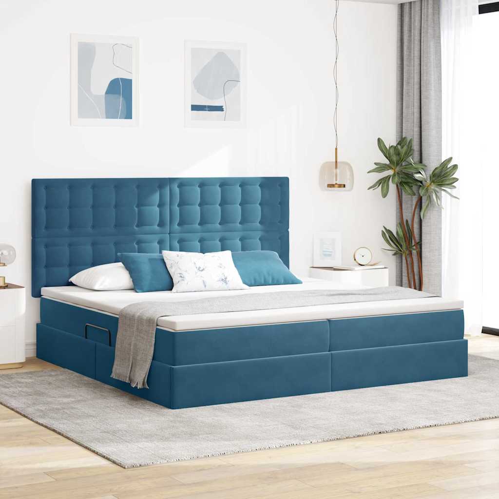 Ágy tárolóval és matraccal Sötét kék 200 x 200 cm Bársony