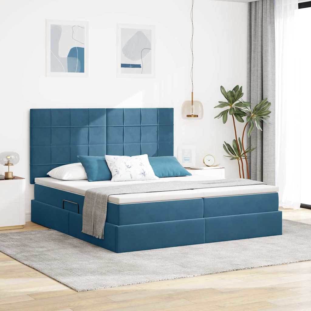Tárolós Ágy fejtámlával Sötét kék 200 x 200 cm Bársony