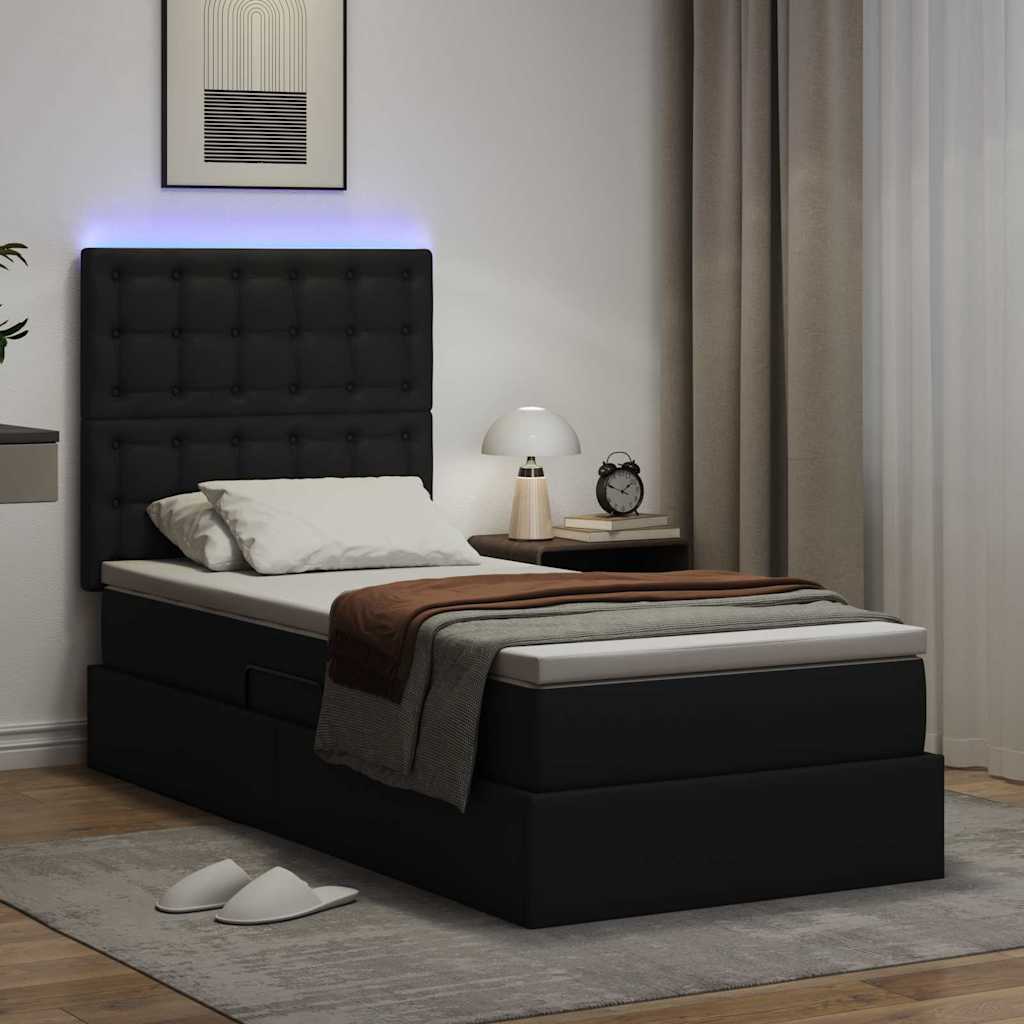 Ágy tárolóval és LED lámpával Fekete 90 x 200 cm Műbőr