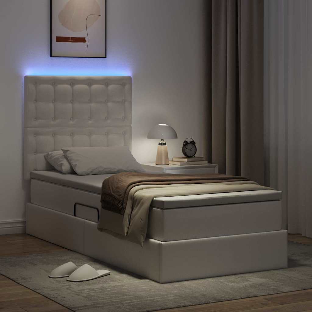 Ágy tárolóval és LED lámpával Tiszta Fehér 90 x 200 cm Műbőr