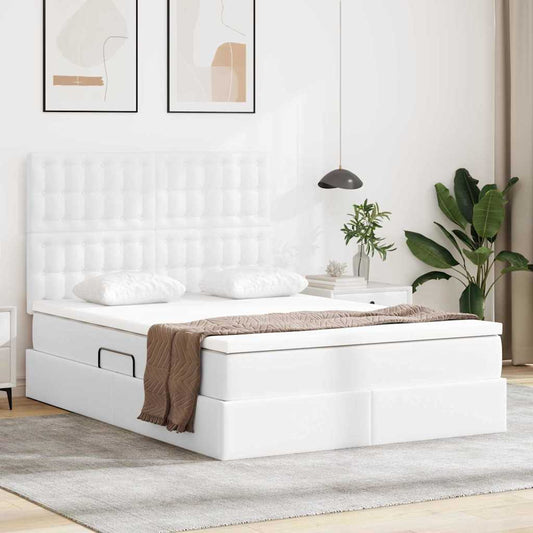Ágy tárolóval és LED lámpával Tiszta Fehér 140 x 190 cm Műbőr