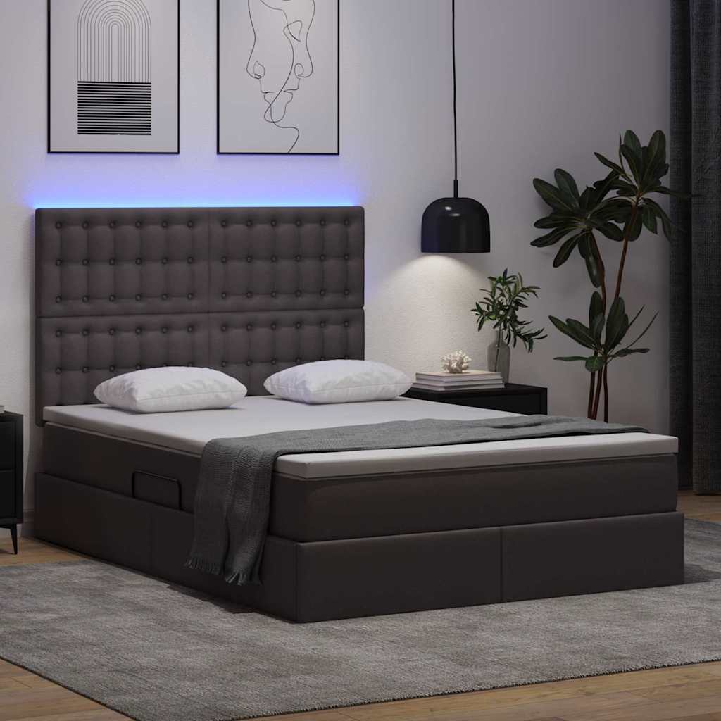 Ágy tárolóval és LED lámpával Szürke 140 x 190 cm Műbőr